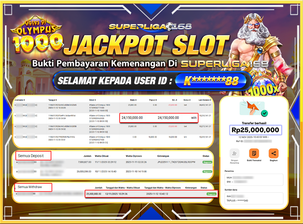 SUPERLIGA168 JACKPOT GATES OF OLYMPUS 1000 Rp.25,000,000LUNAS